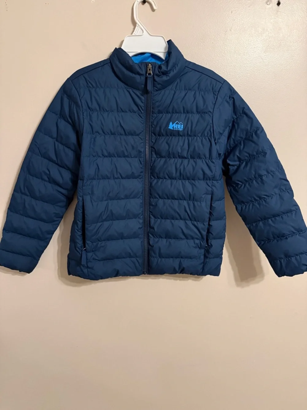 REI Puffer 80% Down Insulated Jacket Youth Packable Blue Full Zip Pockets Medium